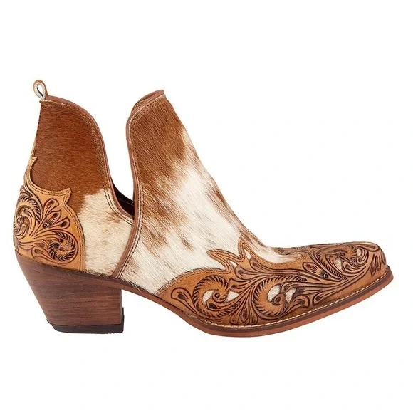MYRA Western Boho Horse Jane Tooled Leather Hairon Calf-Hair Ankle Booties 10 - Picture 10 of 11